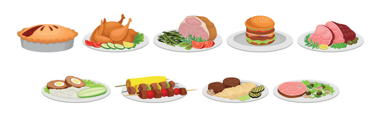 Different Food and Tasty Dish Served on Plate Vector Set - obrazy, fototapety, plakaty