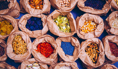 Spices background. Food. Spices. Ingredients. Photo. Background. Wooden table. 