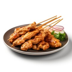a plate of chicken satay on white background for food photography generative ai