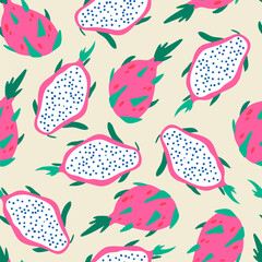 Seamless vector pattern with colorful fruits. Dragon fruit  vector illustration