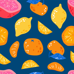 Seamless vector pattern with colorful fruits.  Citrus vector illustration