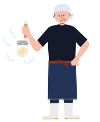 ラーメンの湯切りをするラーメン屋の店主の男性のイラスト