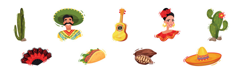 Mexican Symbols and Attribute with Cactus, Man and Woman, Tortilla and Guitar Vector Set