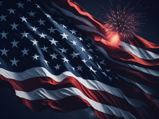 United States of America flag waving in the wind with fireworks.
