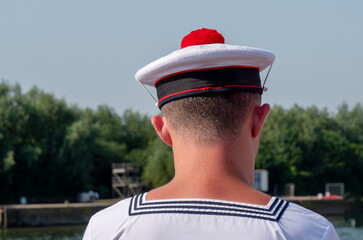 Sailor beret with red pom-pom. french marine cap