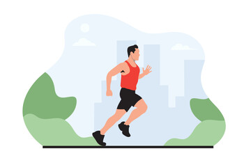 Running man jogging in city park flat vector illustration. Healthy lifestyle.