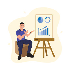 Businessman analyzing financial charts on whiteboard. Vector illustration in flat style