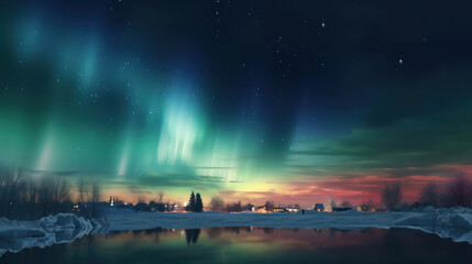 Night winter landscape. Northerncolorful lights over the lake