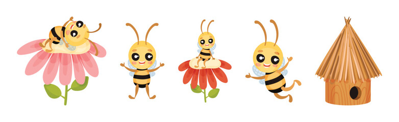 Cute Striped Honey Bee Character with Yellow Body Vector Set