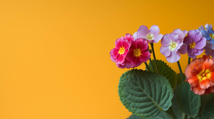 Primula On colorful background. Empty copy space on side. Generative AI.