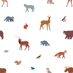 Seamless pattern, forest animals. Endless background, repeating print with bear, elk, deer, wolf and lynx. Fauna species, repeatable backdrop for textile, fabric, wallpaper. Flat vector illustration