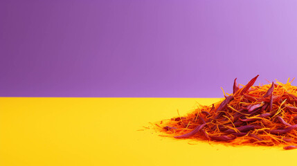 Saffron spice On colorful background. Empty copy space on side. Generative AI. 