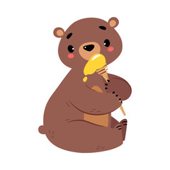 Cute Bear Character with Rounded Ears Eating Sweet Honey Vector Illustration