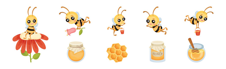 Cute Striped Honey Bee Character with Yellow Body Vector Set