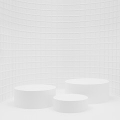 Abstract white stage mockup as curved alcove, three cylinder podiums, tiny mosaic tile in mediterranean style, template for presentation cosmetic products, spa, goods, advertising, showing, design.