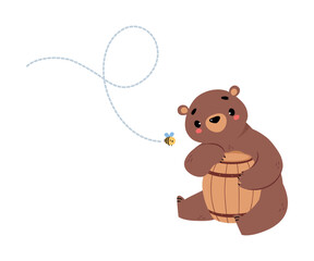 Cute Bear Character with Rounded Ears Sitting with Wooden Barrel Vector Illustration