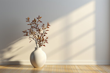 Plant against a white wall mockup. White wall mockup with brown curtain, plant and wood floor. 3D illustration. generative AI