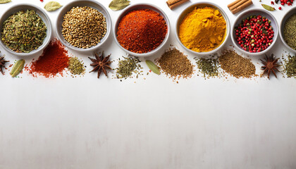 Various spices in a bowls on white background. Top view with copy space.