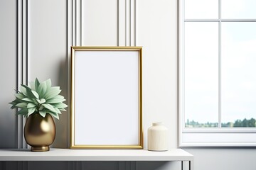blank picture frame leaning against a wall - mockup template created using generative AI tools