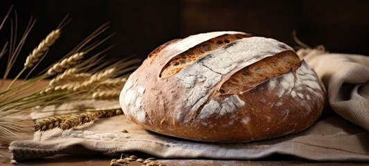 Bakery food photography background - Sourdough bread with crispy crust on wooden table (Generative Ai)