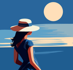 Vector illustration blue palette at dawn sunset silhouette of a girl in a hat on vacation walking along the ocean shore flat illustration pastel palette flat design