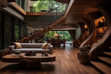 house interior with stairway- wooden, cozy design