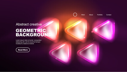 Abstract background landing page, glass geometric shapes with glowing neon light reflections, energy effect concept on glossy forms