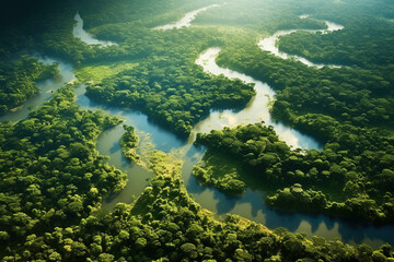 Photo of the green tropical Amazon region with water from bird eye view during sunrise or sunset generative ai.