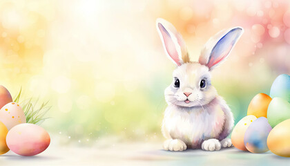 Happy easter card with cute easter bunny rabbit and easter eggs art