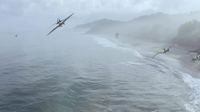Dinosaurs Era coastal shot show flying Pterosaurs and Acrocanthosaurus