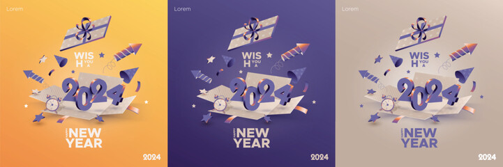 Happy new year 2024 celebration square template with 3D number on open gift box. Greeting concept for 2024 new year