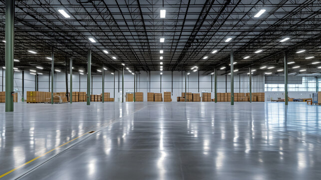 Empty warehouse interior showcases efficiency in logistics and supply chain management