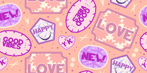 Y2k seamless sticker pattern retro design. Sticker flower cool design. Trendy y2k positive pattern. Collage purple and pink label on background. Vector illustration