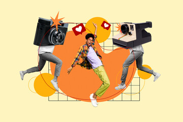 Creative collage picture of mini running people photo camera instead shooting dancing guy like notification isolated on beige background