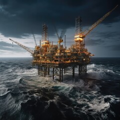 Offshore oil rig at sunset time. oil construction concept. Generative AI