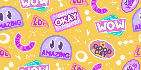 Y2k seamless sticker pattern retro design. Sticker flower cool design. Trendy y2k positive pattern. Collage purple and pink label on background. Vector illustration