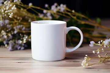 Fototapeta premium Empty white mug mockup on a table - floral background created using generative AI tools