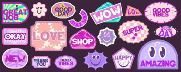 Y2k sticker retro trendy set. 90s design sticker groovy aesthetic elements. Cute purple label y2k. Aesthetic pack trendy shape. Flat vector illustration