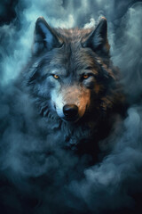 Grey wolf in the clouds of smoke