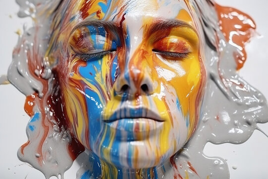 Abstract female face come out from the puddle of colorful paint on the white floor. Generative art, is not based on any specific image or character