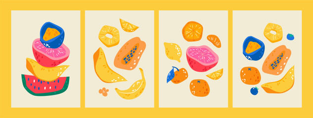 Set of vector fruit posters. Wall hanging design collection. Bold fruit illustration