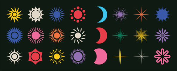 Fototapeta na wymiar Set of abstract retro geometric shapes vector. Collection of contemporary figure, sparkle, moon, sun in 70s groovy style. Bauhaus Memphis design element perfect for banner, print, stickers, decor.