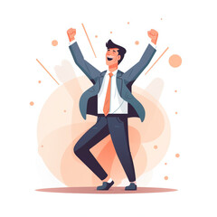 Illustration of a businessman in suit feeling on top of the world, cheering with is arms in the air with a white background generative ai.