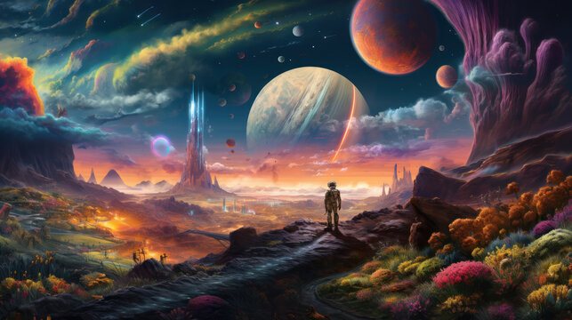 Illustration of an astronaut exploring the surface of a vibrantly colored planet 16:9
