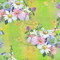 Seamless pattern. Chamomile and various wildflowers - a decorative composition. Watercolor illustration. Decorative composition. Use printed materials, signs, objects, sites, maps. - obrazy, fototapety, plakaty