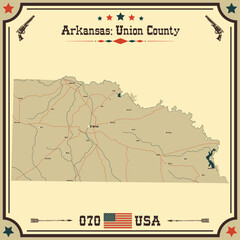 Large and accurate map of Union County, Arkansas, USA with vintage colors.