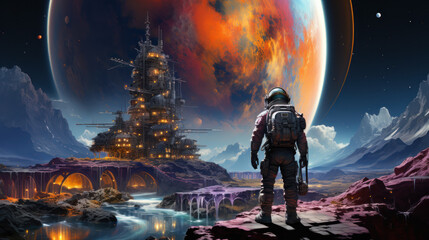 Image of an astronaut standing on the surface of an alien planet.  Overlooking space industry structures for mining and refinement.  Giant planet in the night sky - 16:9
