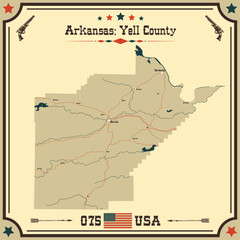 Large and accurate map of Yell County, Arkansas, USA with vintage colors.