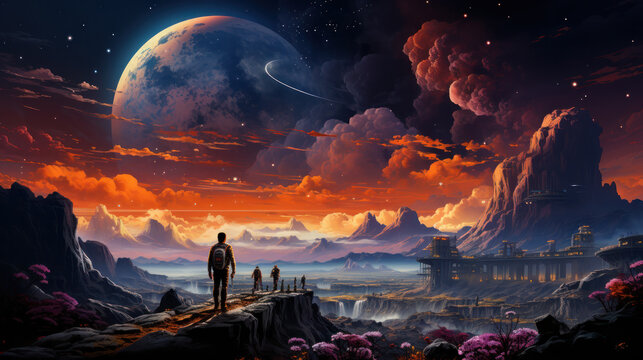 Illustration of alien planet with vibrantly colored clouds, terrain and planets 16:9