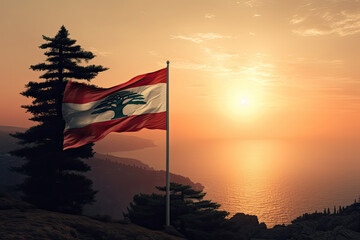 Lebanon Flag on Sunset Horizon